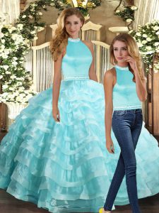  Organza Halter Top Sleeveless Backless Beading and Ruffled Layers Quinceanera Dresses in Aqua Blue