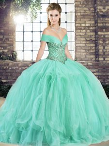  Floor Length Lace Up Sweet 16 Quinceanera Dress Apple Green for Military Ball and Sweet 16 and Quinceanera with Beading and Ruffles