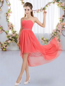 Luxurious Strapless Sleeveless Lace Up Quinceanera Court Dresses Watermelon Red Chiffon