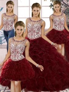 Captivating Scoop Sleeveless Quinceanera Gown Floor Length Beading and Ruffles Burgundy Organza