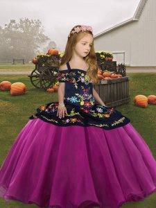  Floor Length Side Zipper Child Pageant Dress Fuchsia for Party and Wedding Party with Embroidery