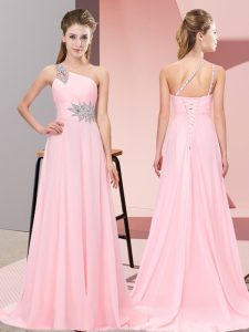 Best Baby Pink Prom Dresses Scoop Sleeveless Brush Train Side Zipper