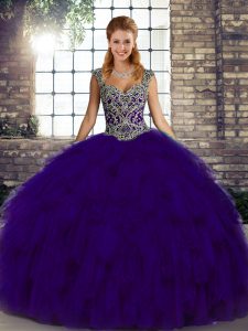 Classical Purple Organza Lace Up Straps Sleeveless Floor Length Sweet 16 Dress Beading and Ruffles