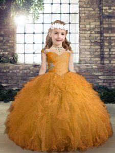 Affordable Tulle Straps Sleeveless Lace Up Beading and Ruffles Kids Pageant Dress in Gold