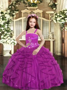 Custom Made Fuchsia Straps Neckline Beading and Ruffles Little Girls Pageant Dress Sleeveless Lace Up