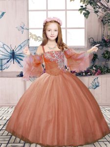  Sleeveless Floor Length Beading Lace Up Little Girl Pageant Gowns with Rust Red