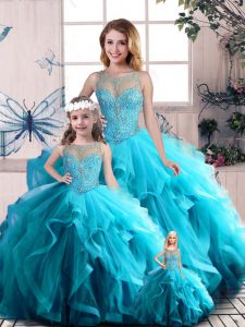  Floor Length Lace Up Sweet 16 Dresses Aqua Blue for Sweet 16 and Quinceanera with Beading and Ruffles