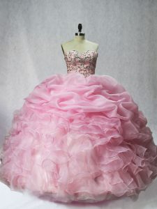 Discount Sweetheart Sleeveless 15 Quinceanera Dress Floor Length Beading and Ruffles and Pick Ups Baby Pink Organza