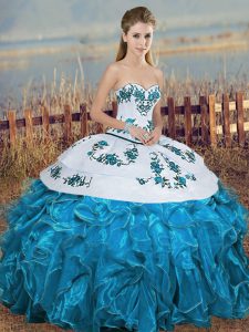 Elegant Blue And White Organza Lace Up Sweet 16 Quinceanera Dress Sleeveless Floor Length Embroidery and Ruffles and Bowknot