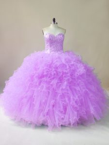 Traditional Lilac Tulle Lace Up Sweetheart Sleeveless Floor Length Quinceanera Gowns Beading and Ruffles