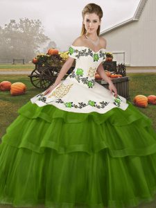 Ideal Sleeveless Tulle Brush Train Lace Up Quince Ball Gowns in Olive Green with Embroidery and Ruffled Layers