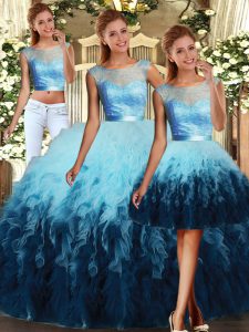  Scoop Sleeveless Tulle Vestidos de Quinceanera Lace and Ruffles Lace Up
