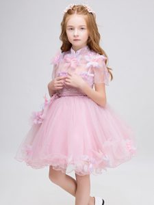  Baby Pink Tulle Zipper High-neck Short Sleeves Mini Length Toddler Flower Girl Dress Appliques