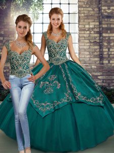  Straps Sleeveless Tulle Quince Ball Gowns Beading and Embroidery Lace Up
