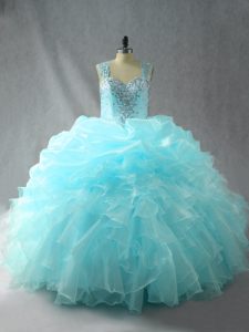 Latest Tulle Straps Sleeveless Zipper Beading and Ruffles Quinceanera Dresses in Aqua Blue