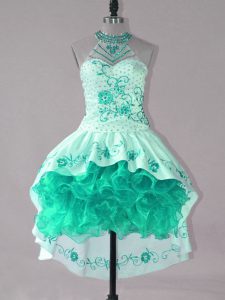 Beauteous Turquoise Ball Gowns Strapless Sleeveless Satin and Organza High Low Lace Up Embroidery and Ruffles Prom Gown