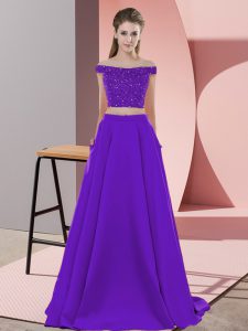  Purple Elastic Woven Satin Backless Off The Shoulder Sleeveless Dress for Prom Sweep Train Beading