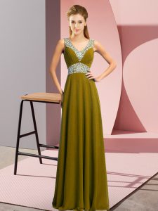  Floor Length Lace Up Prom Dress Olive Green for Prom and Party with Beading