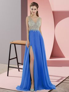  Blue Evening Dress Prom and Party with Beading V-neck Sleeveless Sweep Train Zipper