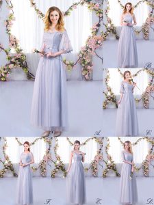  Grey Damas Dress Wedding Party with Lace and Belt Off The Shoulder Half Sleeves Side Zipper