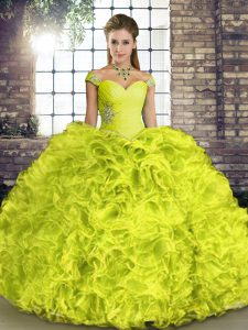 Cute Sleeveless Organza Floor Length Lace Up Quince Ball Gowns in Yellow Green with Beading and Ruffles