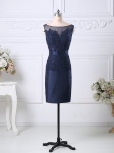 Ideal Navy Blue Column/Sheath Satin Scoop Sleeveless Beading and Lace Knee Length Zipper Evening Dress