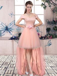 Elegant Pink Evening Dress Prom and Party with Lace and Hand Made Flower Off The Shoulder Short Sleeves Lace Up