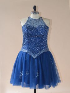  Royal Blue Tulle Lace Up Halter Top Sleeveless Mini Length Prom Party Dress Beading