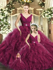 Sleeveless Floor Length Beading and Ruffles Backless 15 Quinceanera Dress with Burgundy