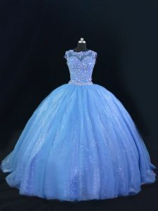  Sleeveless Tulle and Sequined Lace Up Quinceanera Dresses in Blue with Beading
