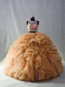  Champagne Ball Gowns Organza Scoop Sleeveless Beading and Ruffles and Sequins Zipper Sweet 16 Dresses Brush Train