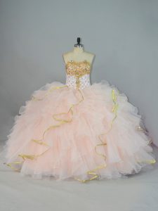 Elegant Peach 15 Quinceanera Dress Sweet 16 and Quinceanera with Beading and Ruffles Sweetheart Sleeveless Lace Up