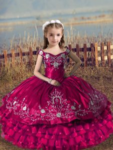  Fuchsia Satin and Organza Lace Up Off The Shoulder Sleeveless Floor Length Little Girls Pageant Gowns Embroidery and Ruffled Layers