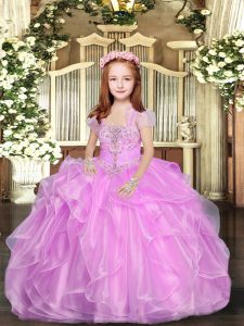  Beading and Ruffles Little Girls Pageant Dress Wholesale Lilac Lace Up Sleeveless Floor Length