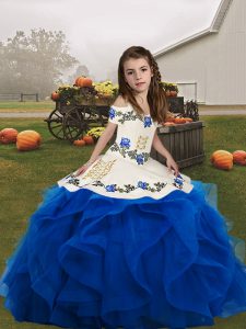Lovely Floor Length Lace Up Little Girl Pageant Dress Blue for Party and Wedding Party with Embroidery and Ruffles