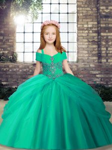 Adorable Floor Length Turquoise Little Girl Pageant Dress Tulle Sleeveless Beading