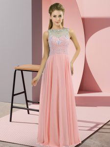 Unique High-neck Sleeveless Dress for Prom Floor Length Beading Pink Chiffon