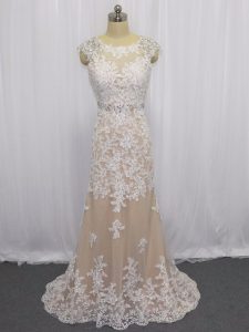 Sexy Champagne Prom Evening Gown Lace Brush Train Cap Sleeves Beading and Appliques