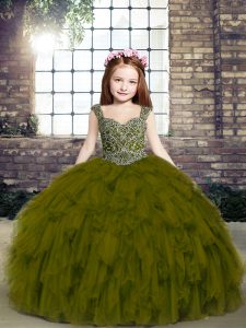 Best Floor Length Lace Up Little Girls Pageant Dress Olive Green for Party and Military Ball and Wedding Party with Beading and Ruffles