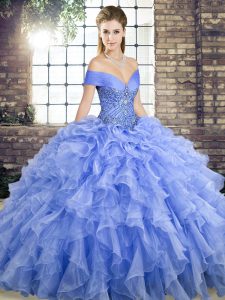  Beading and Ruffles 15 Quinceanera Dress Lavender Lace Up Sleeveless Brush Train