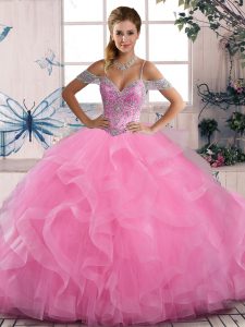 New Style Off The Shoulder Sleeveless Tulle Quinceanera Dresses Beading and Ruffles Lace Up