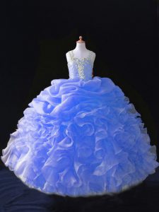 Latest Blue Sleeveless Organza Zipper Little Girl Pageant Dress for Wedding Party