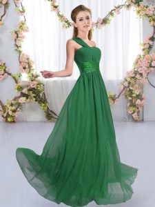  Empire Court Dresses for Sweet 16 Dark Green One Shoulder Chiffon Sleeveless Floor Length Lace Up