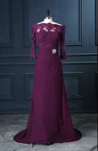 High End Column/Sheath Sleeveless Purple Prom Gown Brush Train Zipper