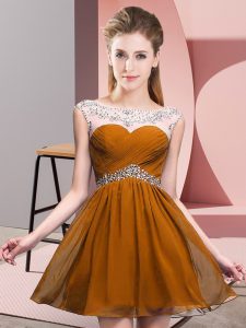 Flare Brown Chiffon Backless Prom Party Dress Sleeveless Mini Length Beading and Ruching