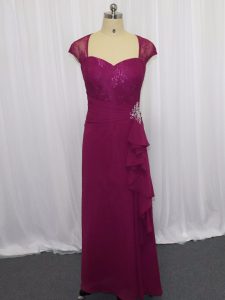 Customized Chiffon Sweetheart Cap Sleeves Zipper Beading and Lace and Appliques Prom Dresses in Fuchsia