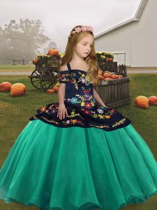 Lovely Turquoise Ball Gowns Organza Straps Sleeveless Embroidery Floor Length Lace Up Little Girls Pageant Dress Wholesale
