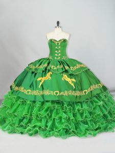  Brush Train Ball Gowns Sweet 16 Quinceanera Dress Green Sweetheart Satin and Organza Sleeveless Lace Up