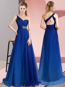 New Style Blue One Shoulder Neckline Beading Prom Evening Gown Sleeveless Criss Cross