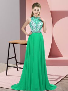 Fancy Sleeveless Chiffon Brush Train Backless Evening Dress in Turquoise with Beading
